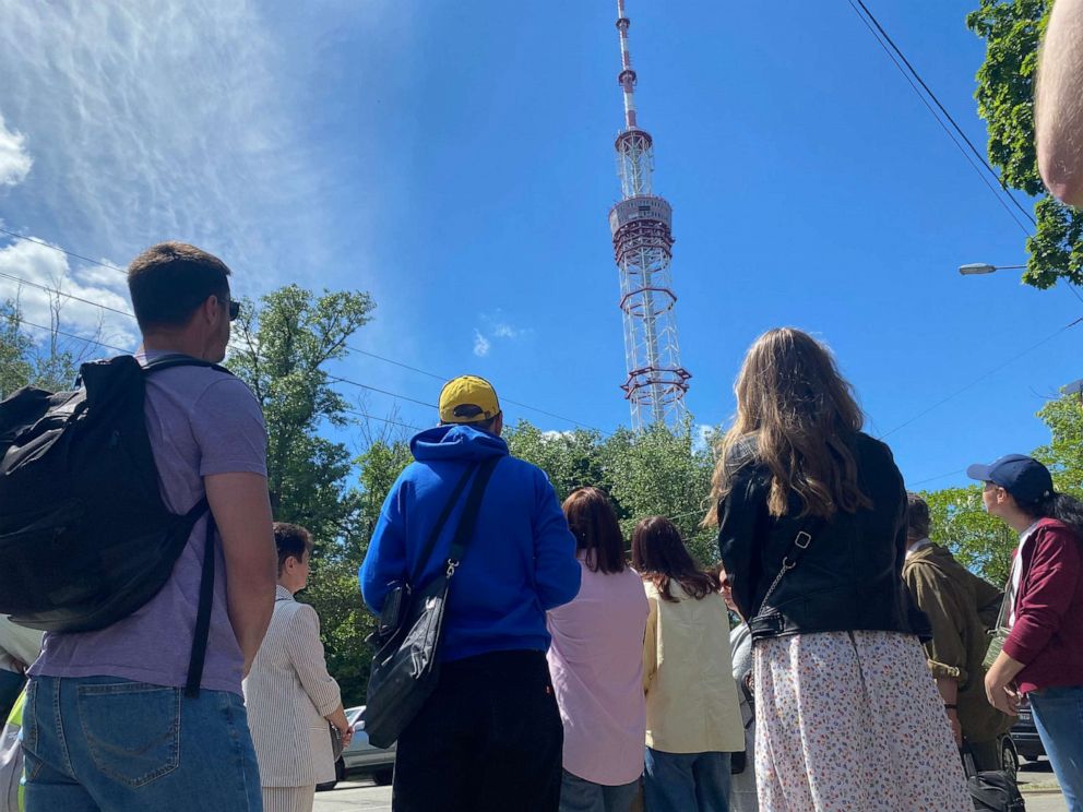 PHOTO: the guide shows a TV tower, hit by a Russian missile on March 1. Now it's part of the route of Kyiv.Undefeated.