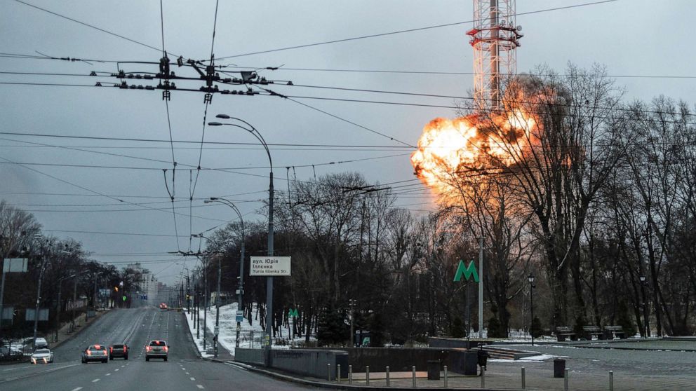 PHOTO: A blast is seen at a TV tower, amid Russia's invasion of Ukraine, in Kyiv, Ukraine, March 1, 2022.