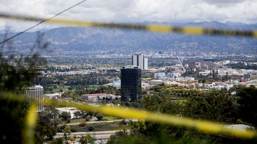 PHOTO: The Universal City Overlook on Mulholland Drive is closed during the coronavirus pandemic, April 8, 2020 in Los Angeles.