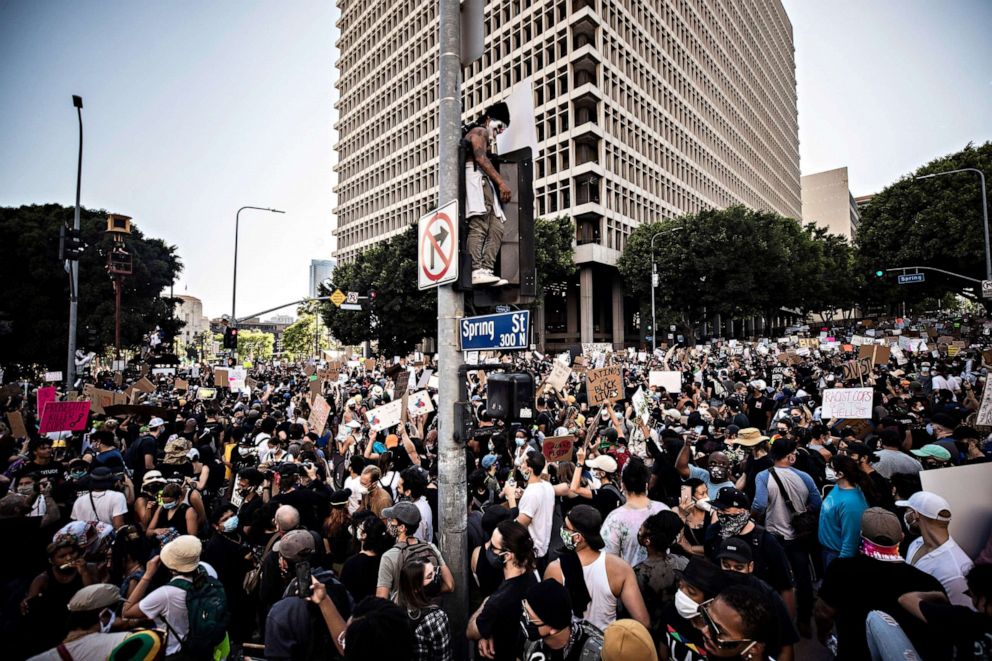 PHOTO: Protesters rally during a demonstration with thousands of people near City Hall over the death in Minneapolis police custody of George Floyd, in Los Angeles, June 3, 2020.