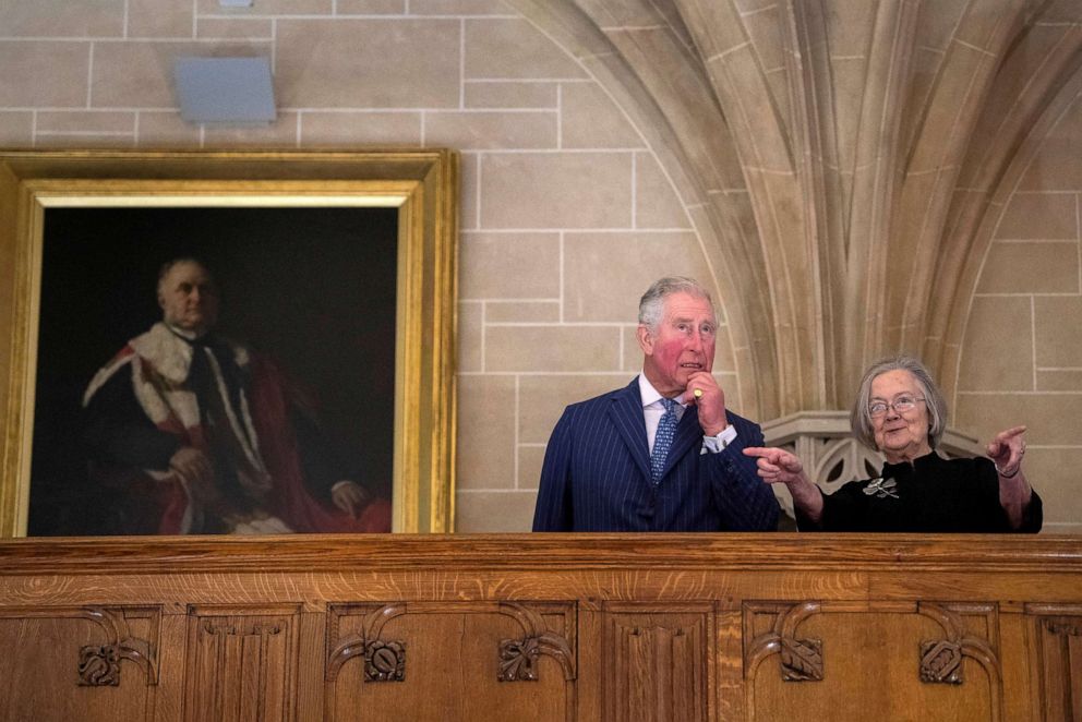 PHOTO:Charles, the Prince of Wales accompanied by Lady Hale, the President of the Supreme Court, visits the Supreme Court of the United Kingdom in Parliament Square to commemorate its 10th anniversary, in London, Feb. 5, 2019. 