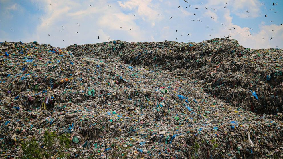 PHOTO: Heaps of garbage are being seen at an open garbage dumping site in Srinagar, Jammu and Kashmir, India, on July 13, 2024.