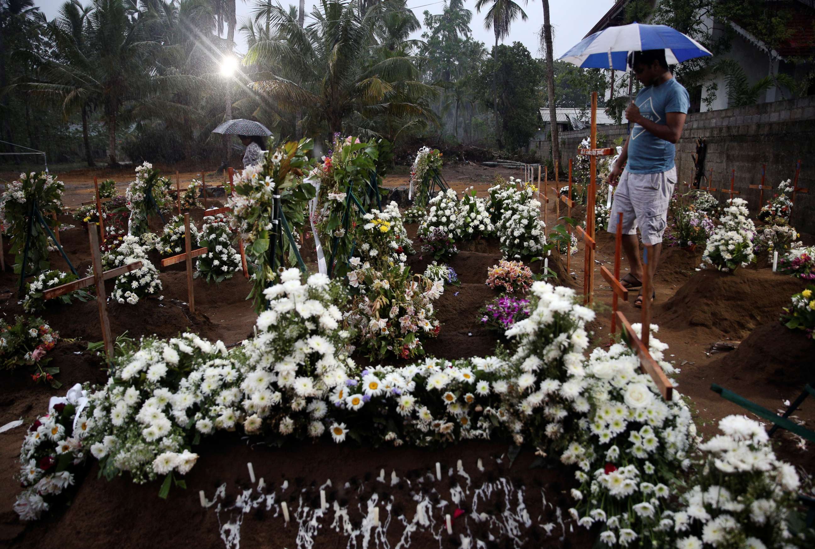 PHOTO: People come to the site of a mass burial to pay their respects to victims of a string of suicide bomb attacks on churches and luxury hotels on Easter Sunday, in Negombo, Sri Lanka, April 25, 2019.