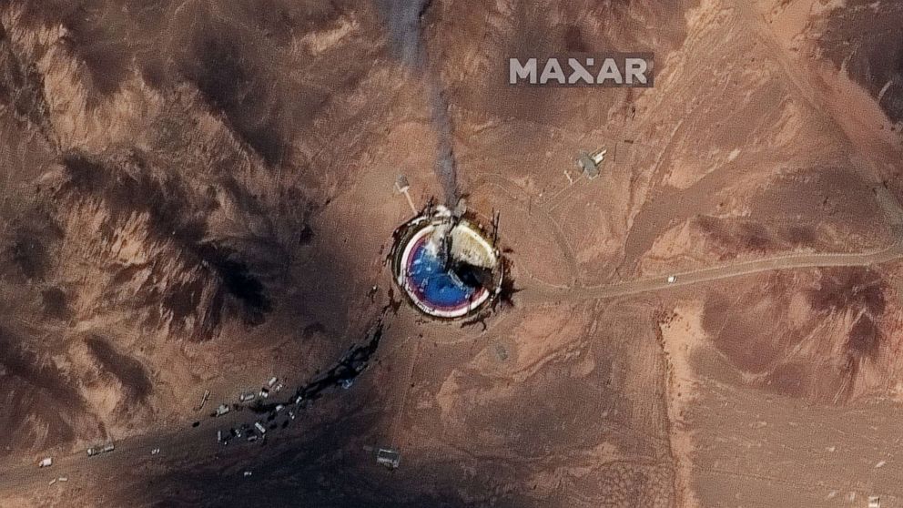 PHOTO: A satellite image from Maxar's WorldView-2 satellite released on Aug. 29, 2019, shows smoke rising from a rocket launch site at the Imam Khomeini Space Center in Iran.
