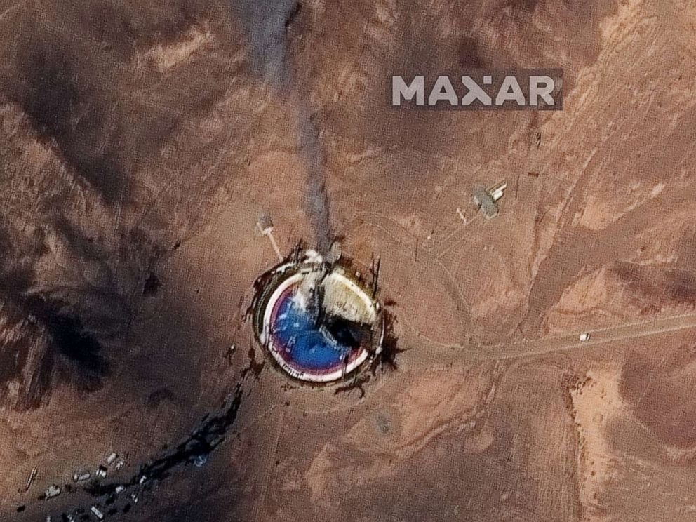 PHOTO: A satellite image from Maxar's WorldView-2 satellite released on Aug. 29, 2019, shows smoke rising from a rocket launch site at the Imam Khomeini Space Center in Iran.