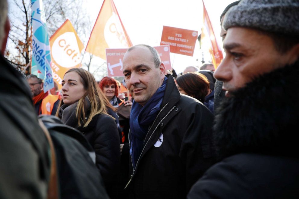 PHOTO: French Democratic Confederation of Labour union's general secretary Laurent Berger attends a demonstration against pension reforms at Republique Square in Paris,  Dec. 17, 2019.