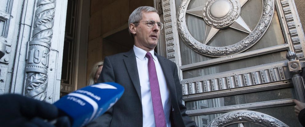 British ambassador to Russia, Laurie Bristow, leaves after a meeting at the Russian foreign ministry building in Moscow, Russia, Saturday, March 17, 2018.