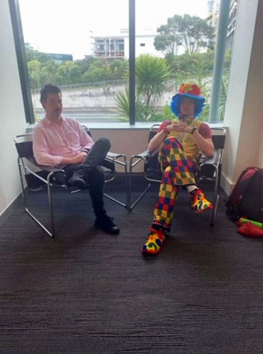 PHOTO: Advertising copywriter Josh Thompson brought a clown to a redundancy meeting for emotional support when he was laid off by FCB New Zealand in Auckland, New Zealand.