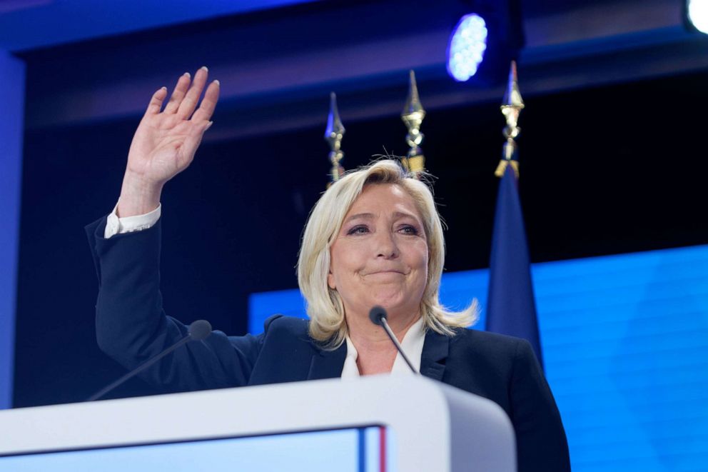 PHOTO: Marine Le Pen, defeated presidential candidate, delivers her concession speech after France's centrist incumbent president Emmanuel Macron beat far-right rival Marine Le Pen for a second five-year term as president on April 24, 2022, in Paris.