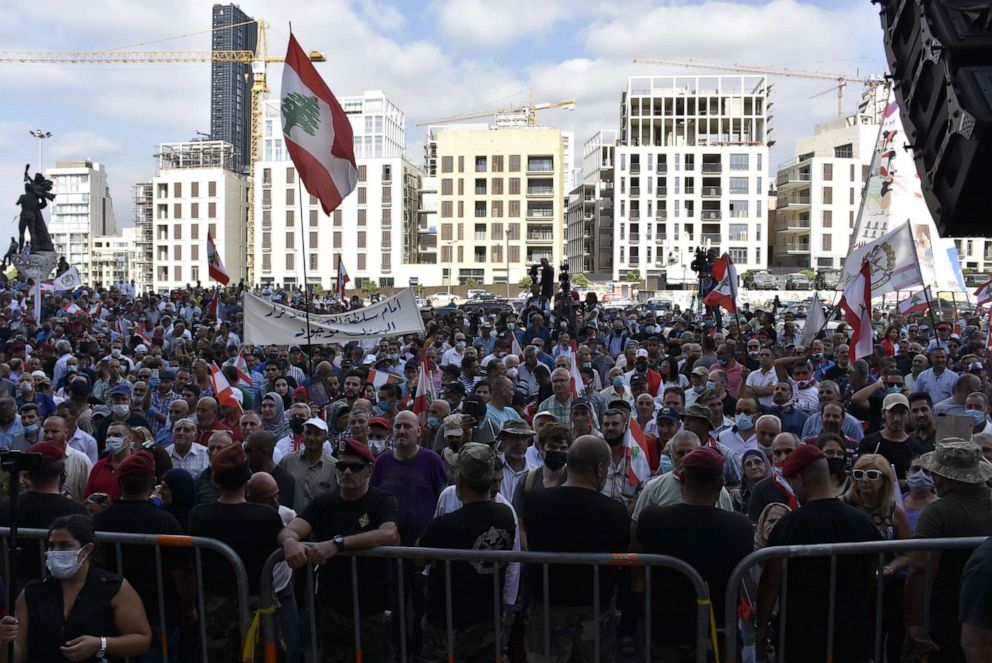 PHOTO: Demonstrators gather at the Martyrs' Square to protest unemployment and the economic crisis in Beirut, Lebanon on July 17, 2020.