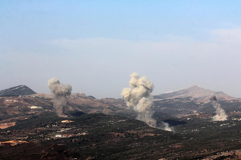 PHOTO: Plumes of smoke billow following an Israeli strike in the outskirts of the southern Lebanese village of Qatrani near Jezzine on Nov. 10, 2025.