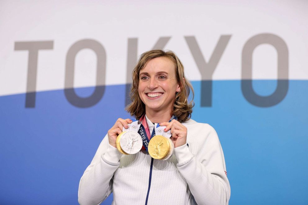 PHOTO: Katie Ledecky of Team USA poses with her two Gold and two Silver medals after a giving a press conference to the media during the Tokyo Olympic Games on July 31, 2021 in Tokyo, Japan.