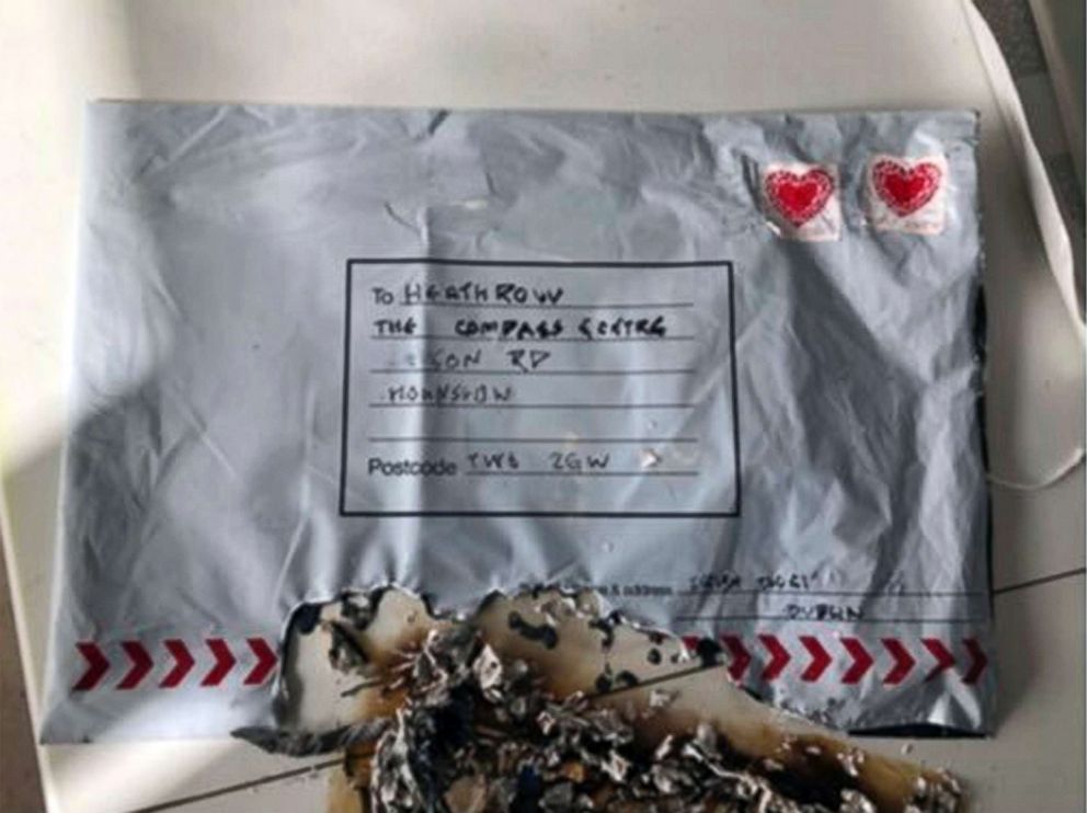 PHOTO: In this handout photo provided by Sky News, a suspect package that was sent to Heathrow airport and caught fire is seen in England, March 5, 2019.