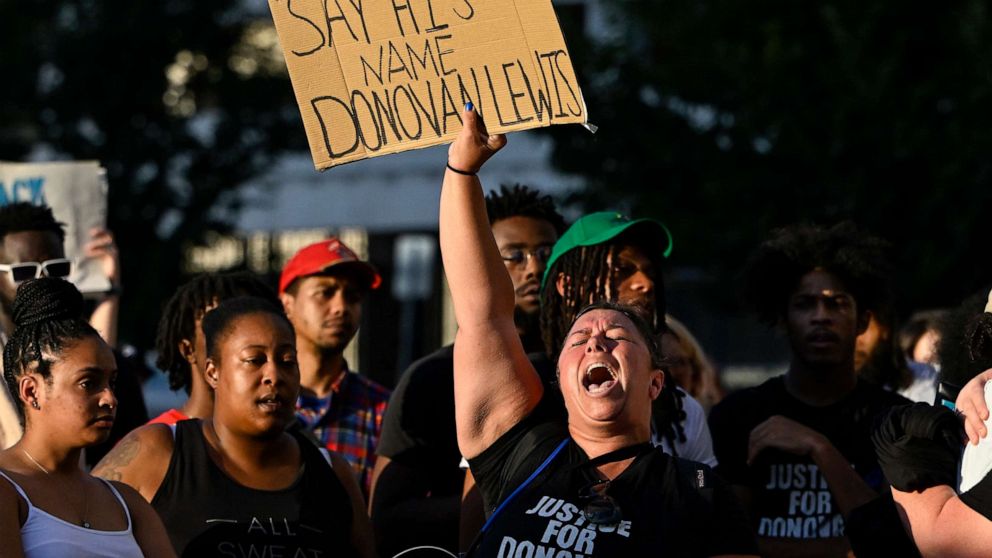 PHOTO: Family members, friends and community members attend a rally for Donovan Lewis at the Columbus Division of Police Headquarters on Sept. 2, 2022, in Columbus, Ohio.