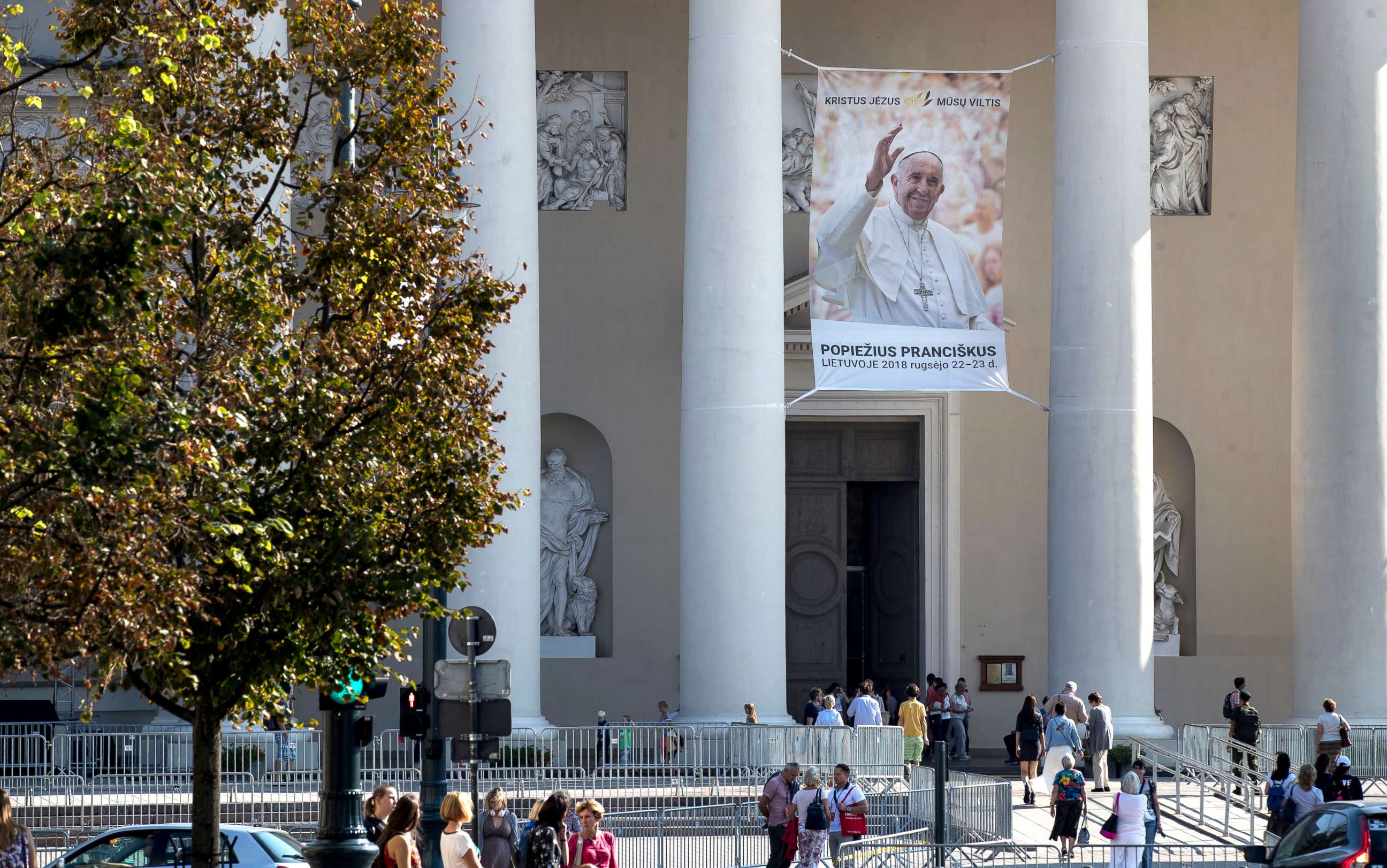 PHOTO: A photo of Pope Francis is hung in front of the Cathedral Basilica of St Stanislaus and St Ladislaus in Vilnius, Lithuania, Sept. 21, 2018, ahead of Pope Francis' upcoming visit to Lithuania.