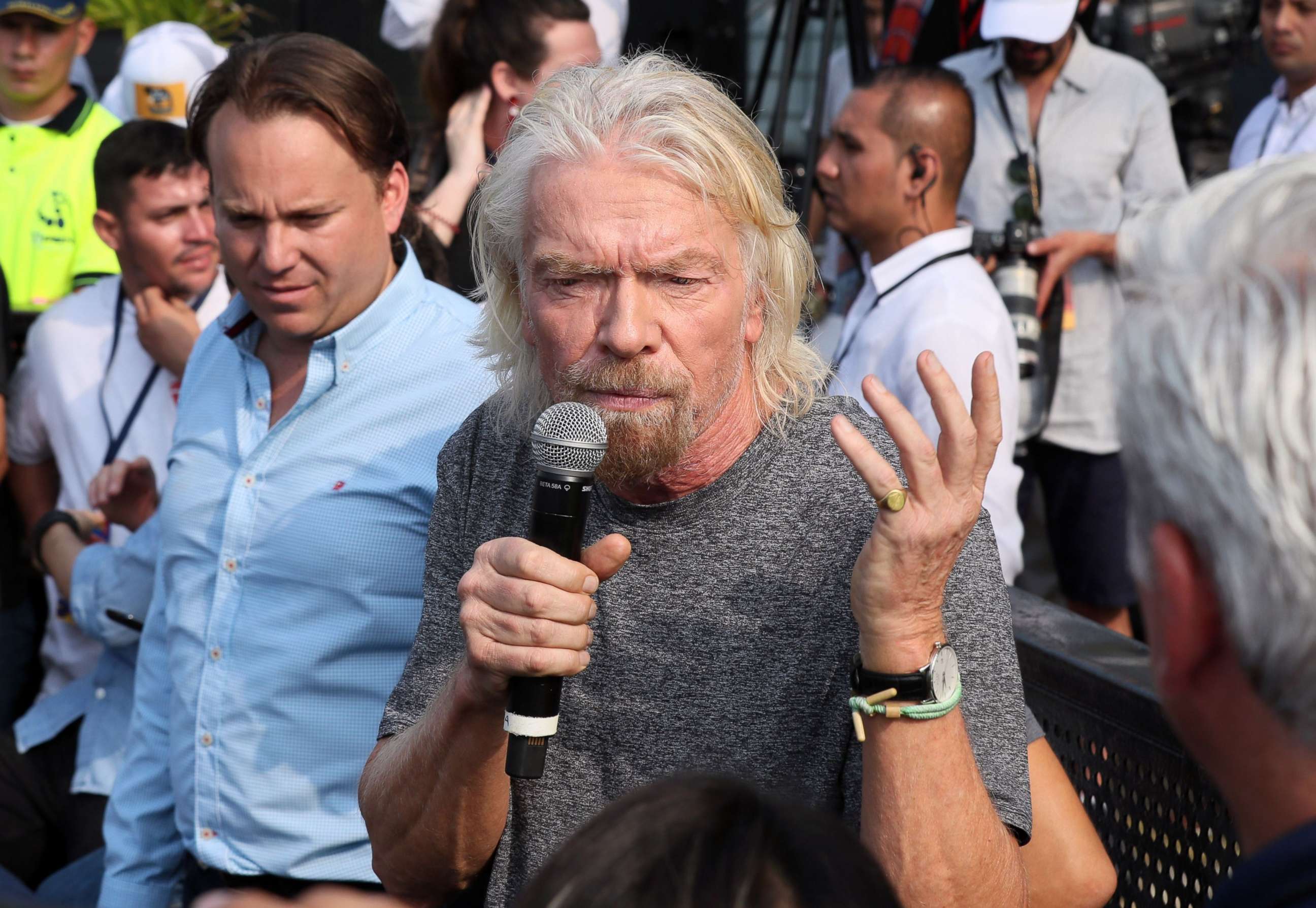 PHOTO: British businessman and event organizer Richard Branson speaks before the Venezuela Live Aid concert in Cucuta, Colombia, Feb. 22, 2019.