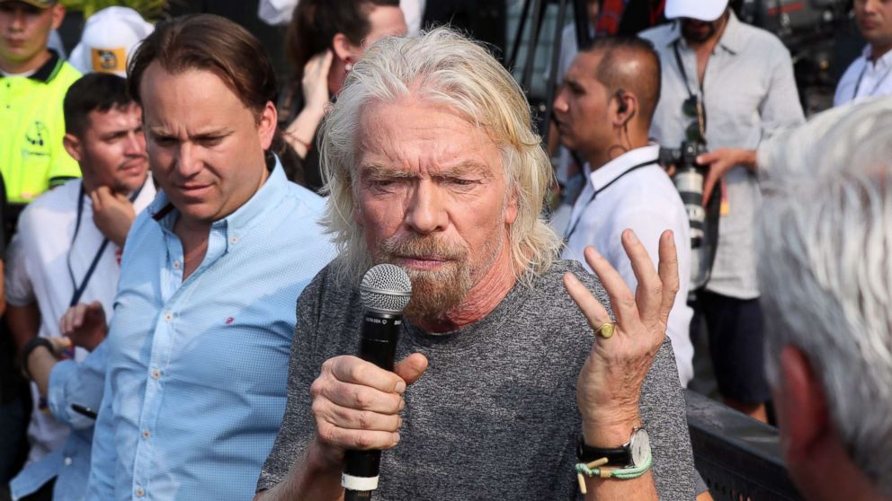 PHOTO: British businessman and event organizer Richard Branson speaks before the Venezuela Live Aid concert in Cucuta, Colombia, Feb. 22, 2019.
