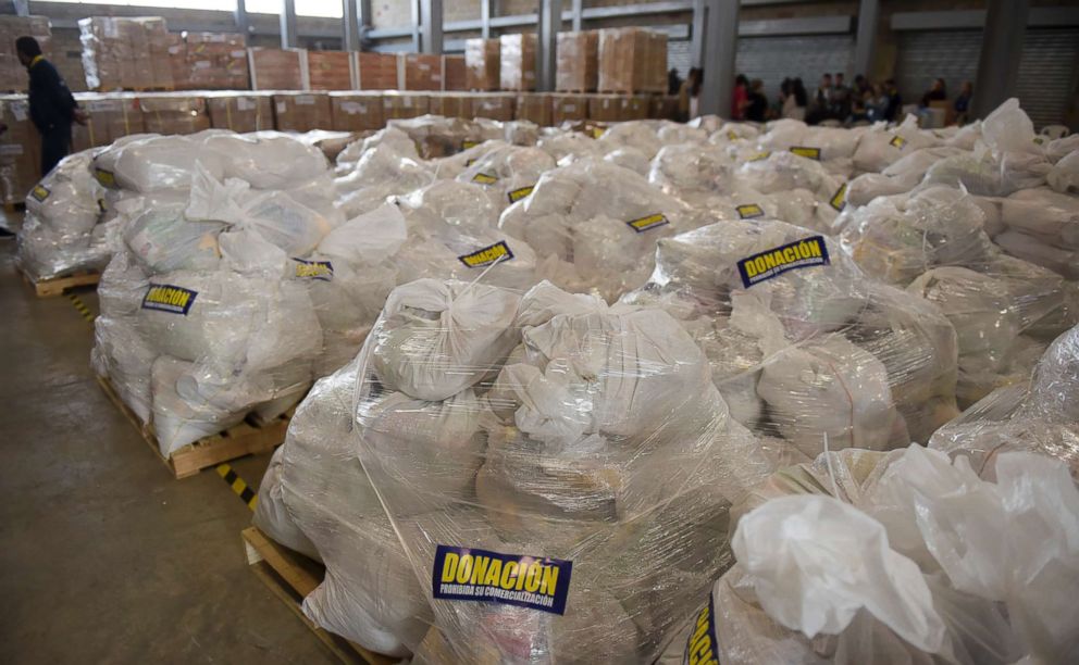 PHOTO: Humanitarian aid is seen stockpiled in Cucuta, Colombia, on Feb. 21, 2019 at the Tienditas International Bridge.