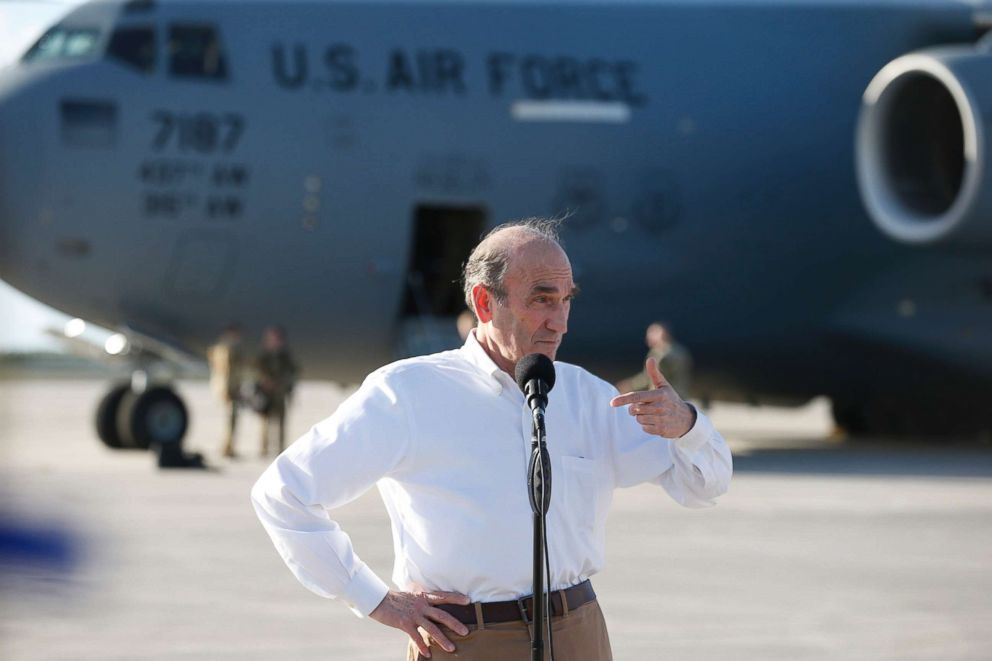 PHOTO: U.S. Special Representative Elliott Abrams speaks with the media before the departure of a C-17 cargo plane loaded with food, water and medicine for a humanitarian mission to Venezuela, at Homestead Air Force Base in Homestead, Fla., Feb. 22, 2019.