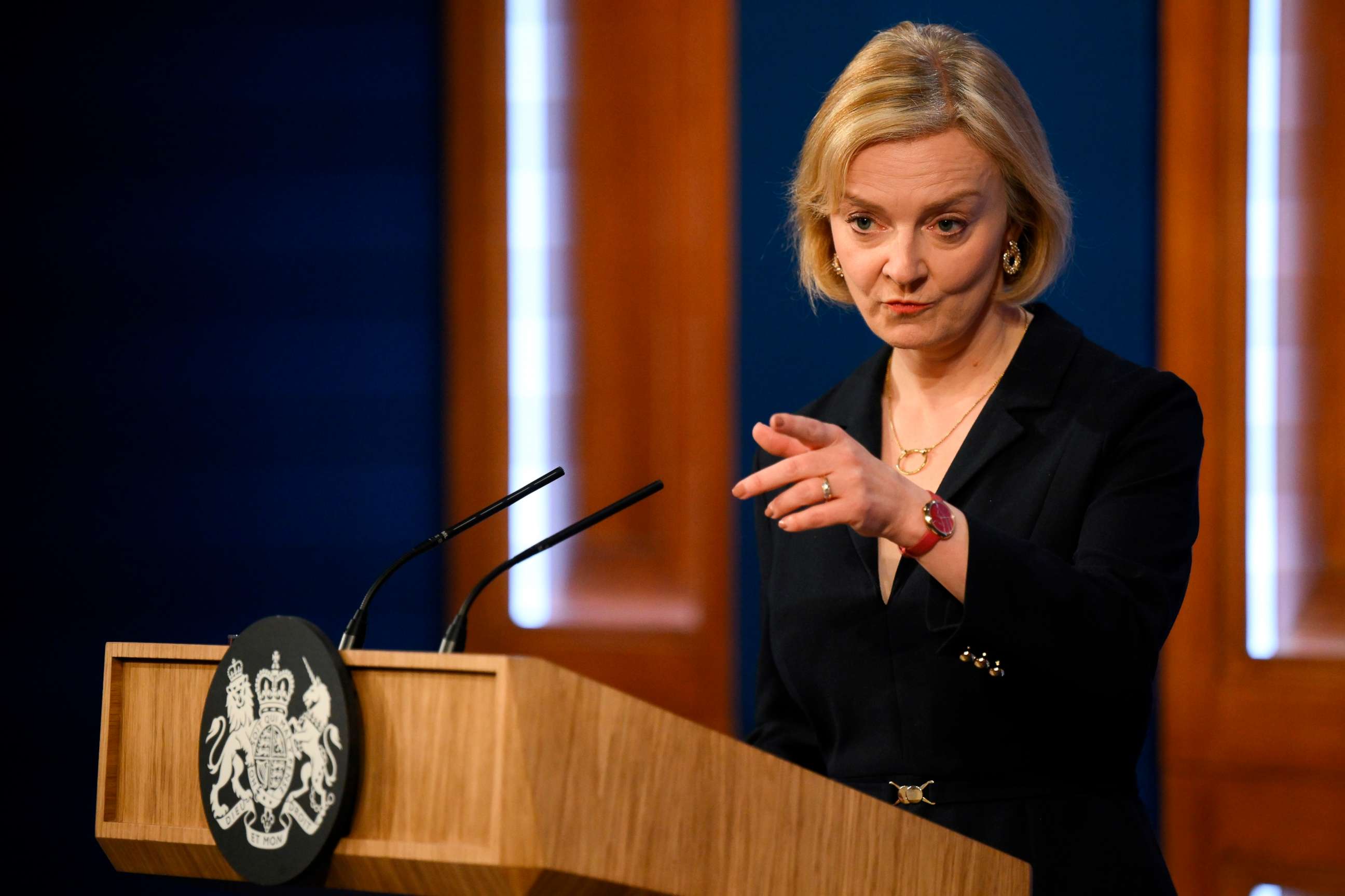 PHOTO: Britain's Prime Minister Liz Truss attends a press conference in the Downing Street Briefing Room in central London, on Oct. 14, 2022.