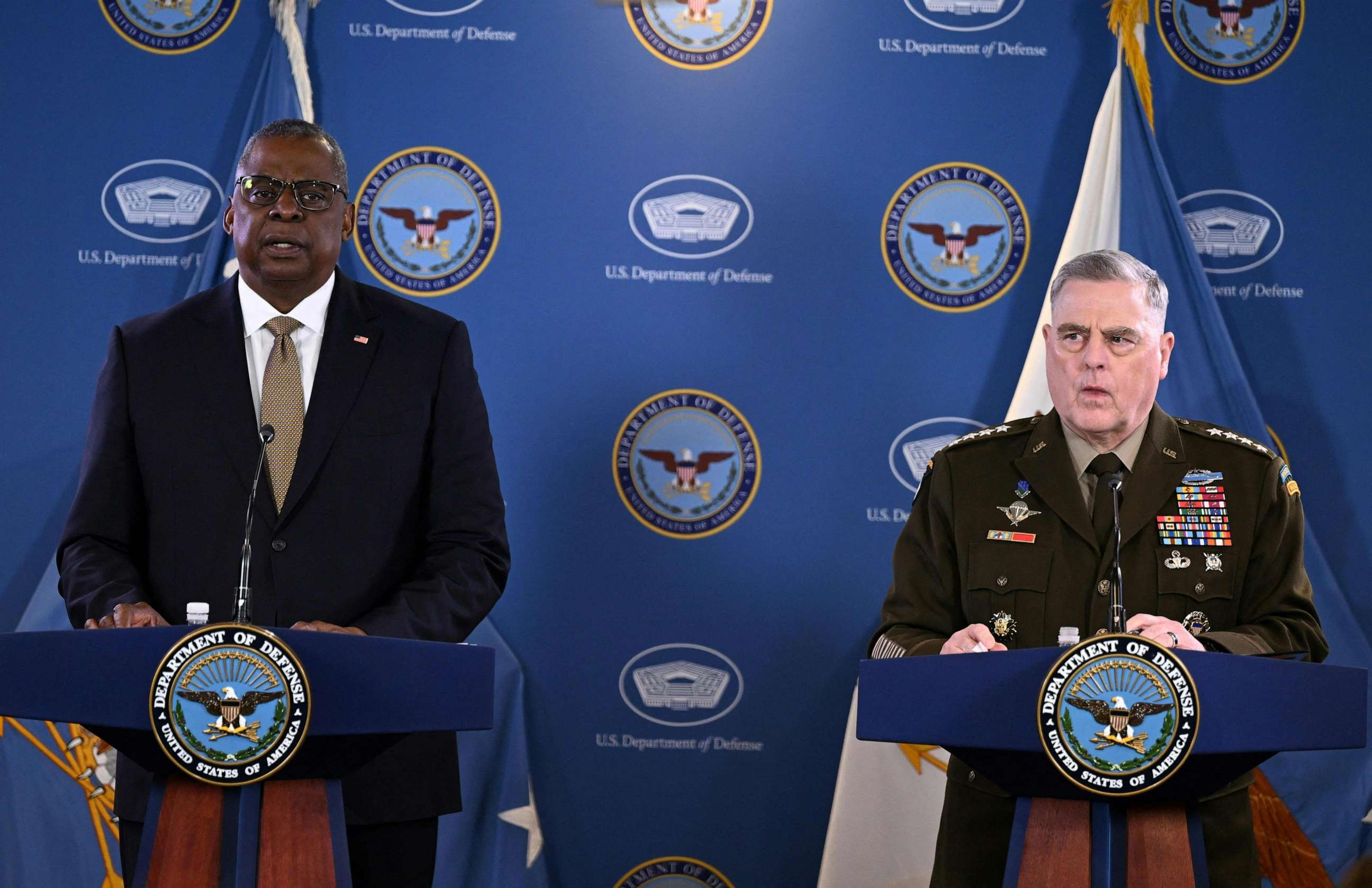 PHOTO: Defense Secretary Lloyd Austin (L) and Chairman of the Joint Chiefs of Staff General Mark Milley hold a press briefing on March 15, 2023, at the Pentagon in Washington, D.C.