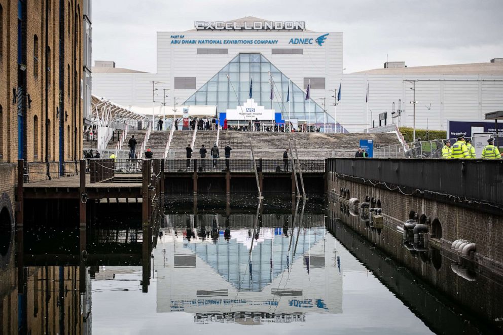 PHOTO: The main entrance ahead of the official opening of the NHS Nightingale Hospital at ExCel center, April 3, 2020 in London, England.