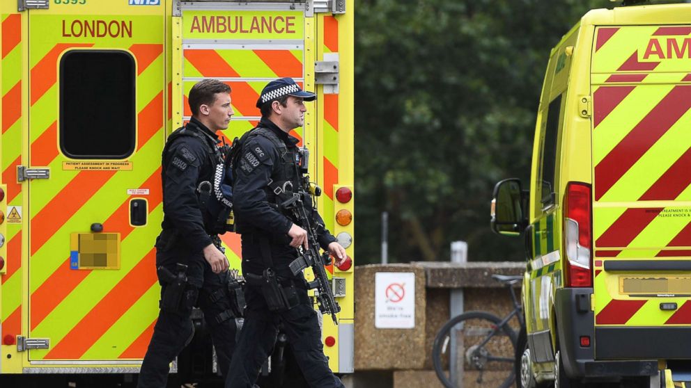 PHOTO: Armed police at St. Thomas' hospital close to the scene of an incident at Houses of Parliament in London, Aug. 14, 2018.
