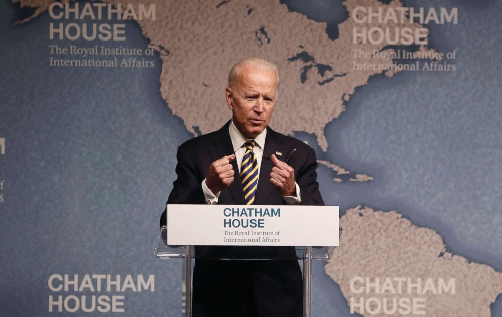 PHOTO: Former United States Vice President Joe Biden speaks at the Royal Institute of International Affairs at Chatham House in London, Oct. 10, 2018. 