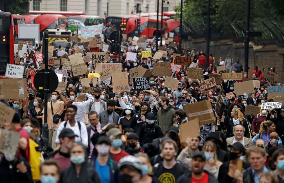 PHOTO: Protesters march during a demonstration in London, June 3, 2020, over the death of George Floyd, a black man who died after being restrained by Minneapolis police officers on May 25.