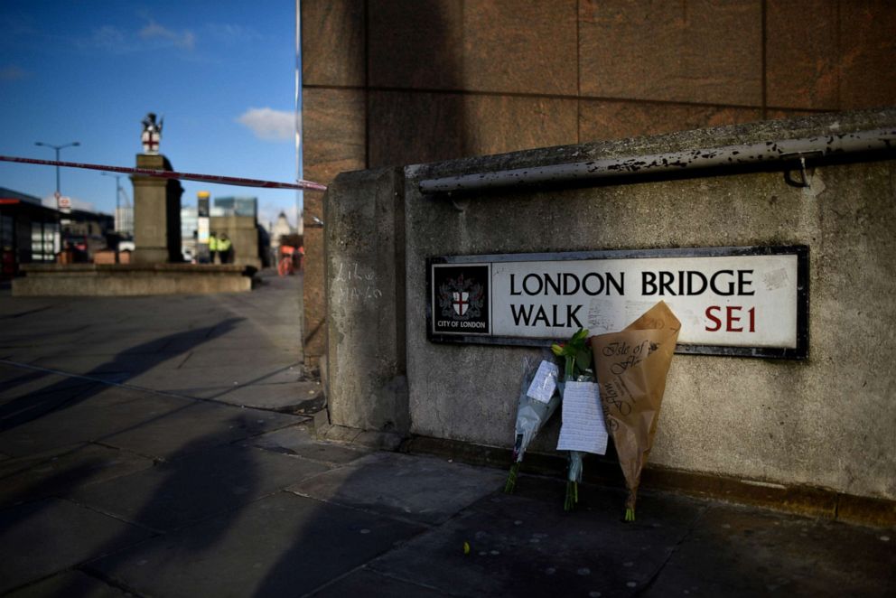 PHOTO: Flowers rest against a wall at the scene of yesterday's London Bridge stabbing attack on Nov. 30, 2019 in London.