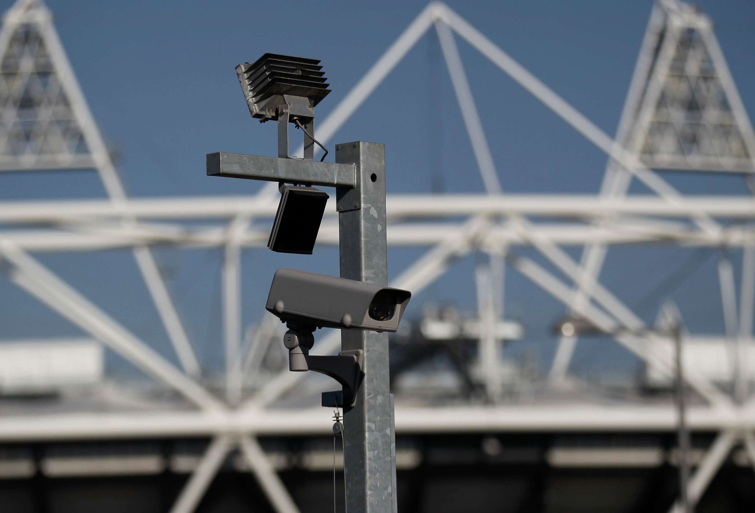PHOTO: A security cctv camera is seen by the Olympic Stadium at the Olympic Park in London in this March 28, 2012 file photo.