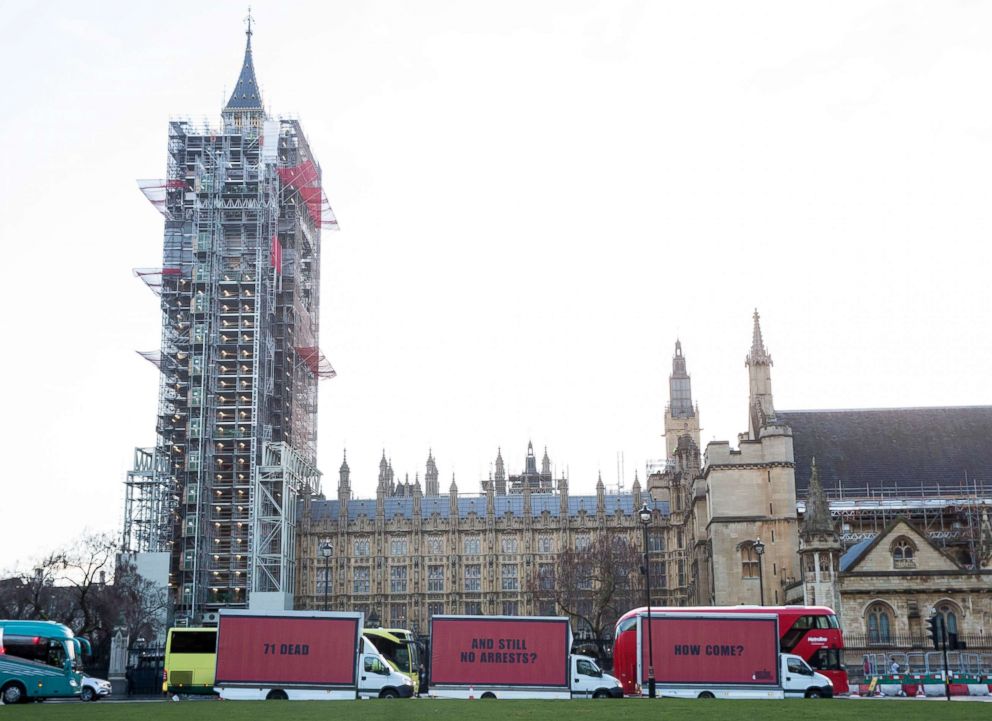 PHOTO: The Community-led organisation, Justice4Grenfell, parades three billboards past the Houses of Parliament in London, Feb. 14, 2018, calling for justice for the victims of the June 14, 2017, deadly apartment fire. 
