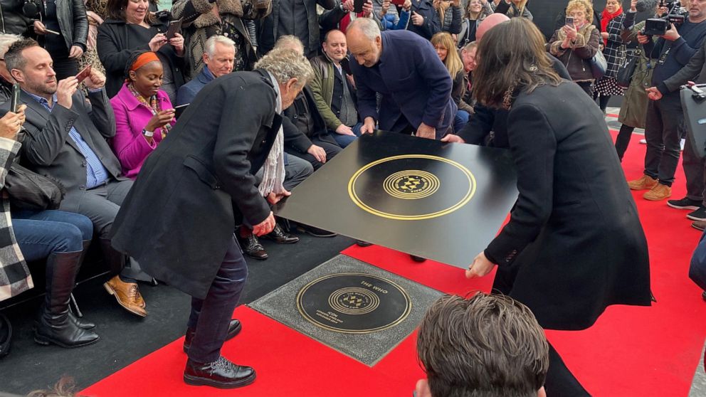 PHOTO: Pete Townshend and Roger Daltrey of The Who attend the unveiling of the founding stone of the new Music Walk of Fame in London, Nov. 19, 2019.
