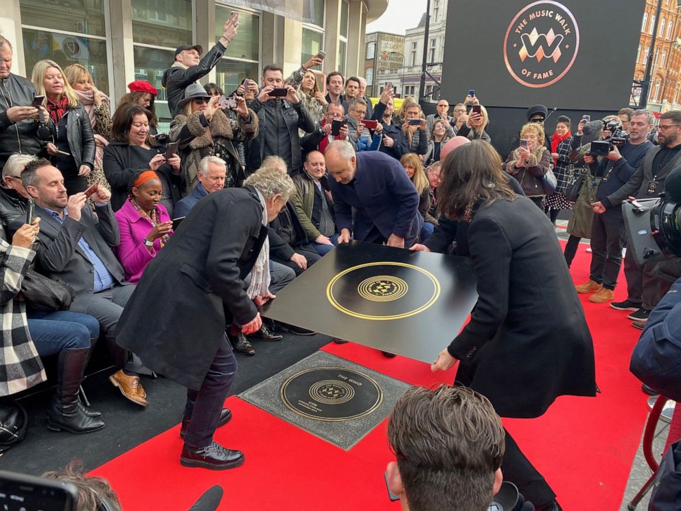 PHOTO: Pete Townshend and Roger Daltrey of The Who attend the unveiling of the founding stone of the new Music Walk of Fame in London, Nov. 19, 2019.