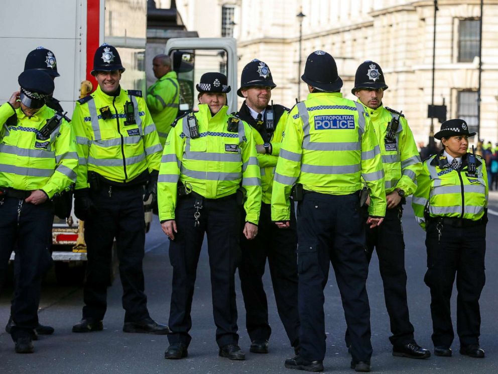 PHOTO: Police officers stand guard during a protest in London, Oct. 27, 2019.