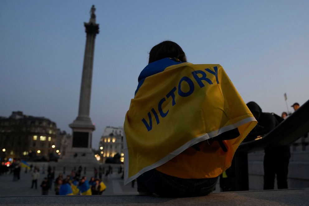 PHOTO: Ukrainian supporters demonstrate in Trafalgar Square as they protest against the Russian invasion of Ukraine, in London, March 24, 2022.