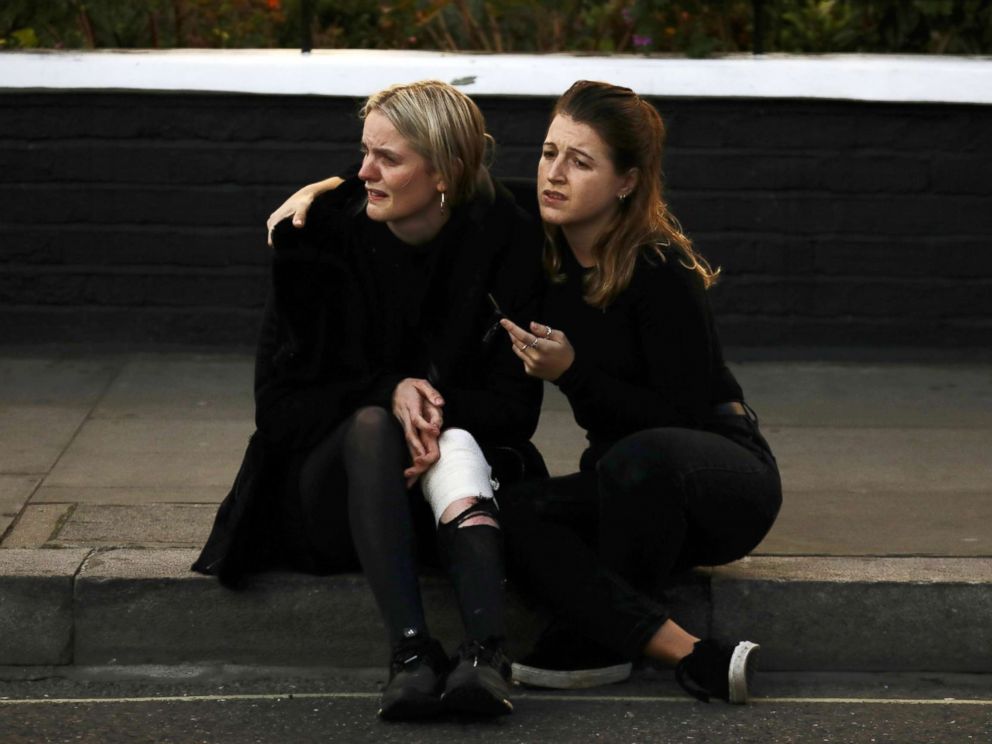 PHOTO: An injured woman reacts outside Parsons Green tube station in London, Sept. 15, 2017.