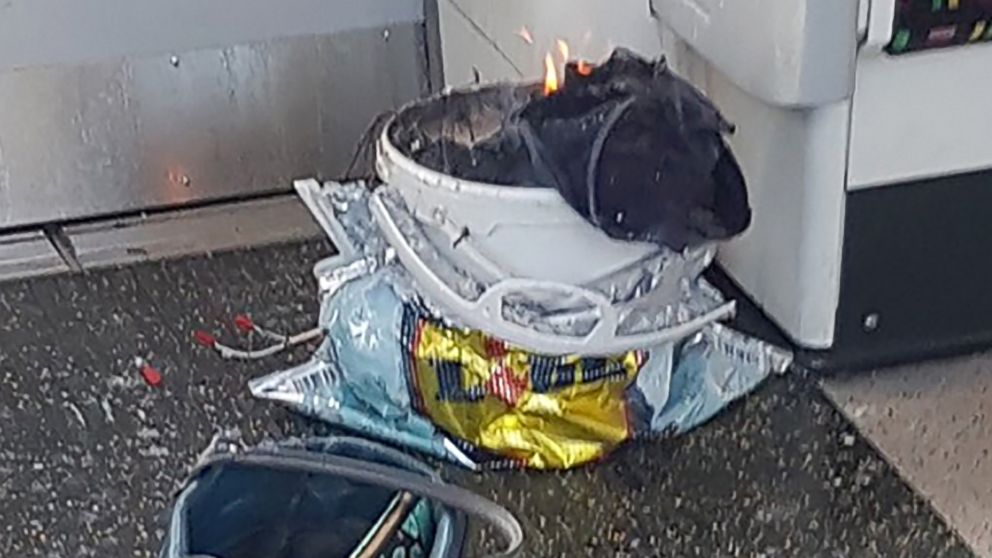 PHOTO: A white container burns inside a London Underground tube carriage at Parsons Green underground tube station, Sept. 15, 2017.