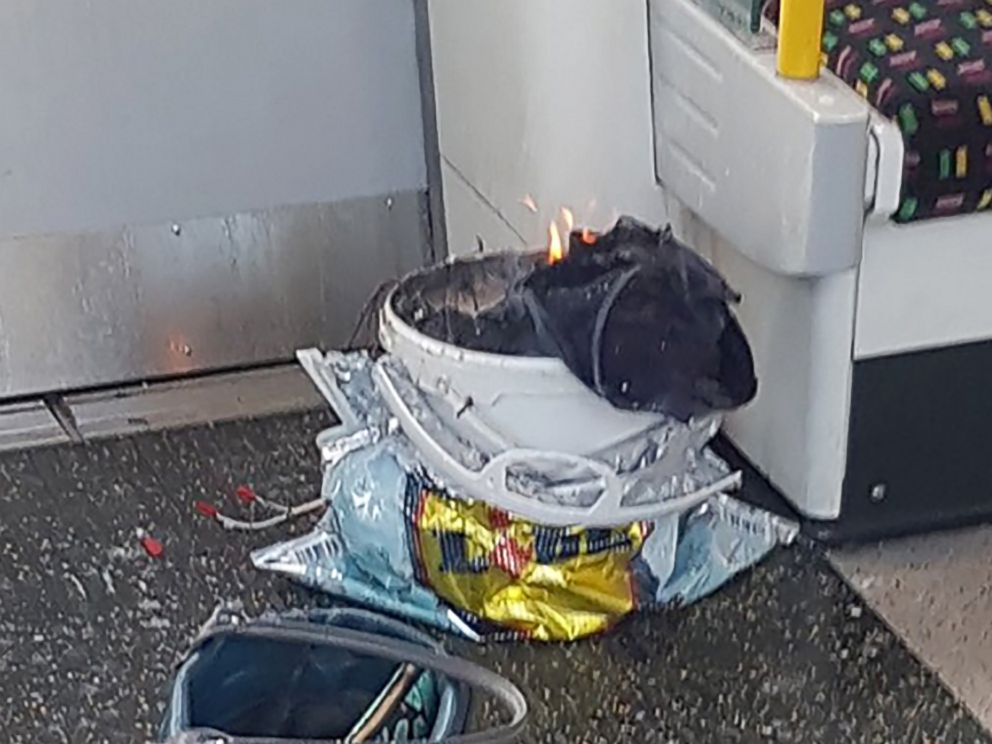 PHOTO: A white container burns inside a London Underground tube carriage at Parsons Green underground tube station, Sept. 15, 2017.