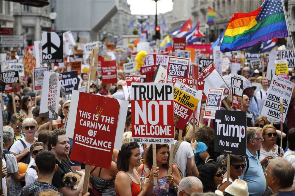 PHOTO: People protest the visit of President Donald Trump in London, July 13, 2018.