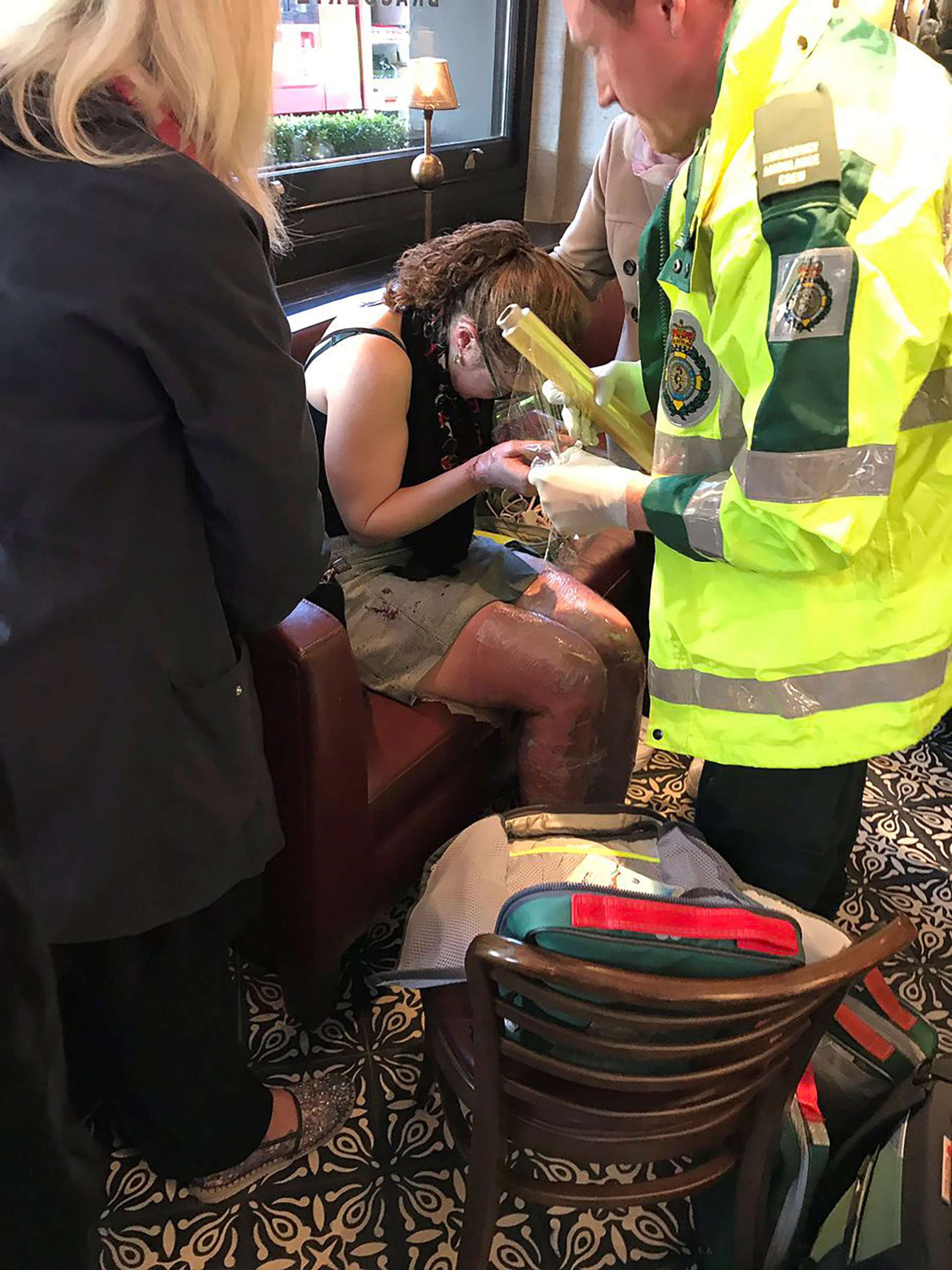 PHOTO: Emergency services tend to an injured woman following a blast on an underground train at Parsons Green tube station in West London, Sept. 15, 2017, in an image posted to social media.