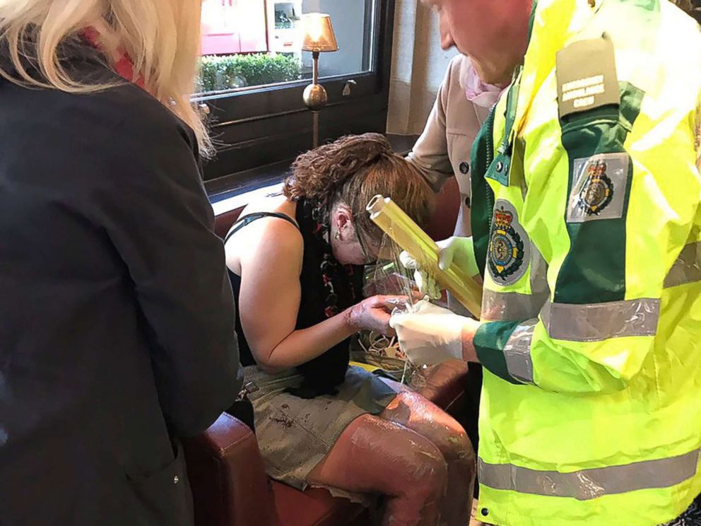 PHOTO: Emergency services tend to an injured woman following a blast on an underground train at Parsons Green tube station in West London, Sept. 15, 2017, in an image posted to social media.