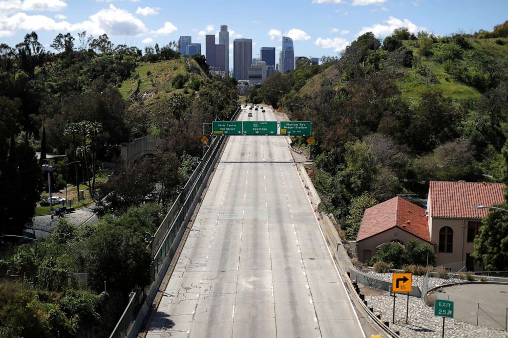 PHOTO: The 110 freeway leading into downtown Los Angeles is emptier than usual after California issued a stay-at-home order due to coronavirus disease (COVID-19) in Los Angeles, March 23, 2020.