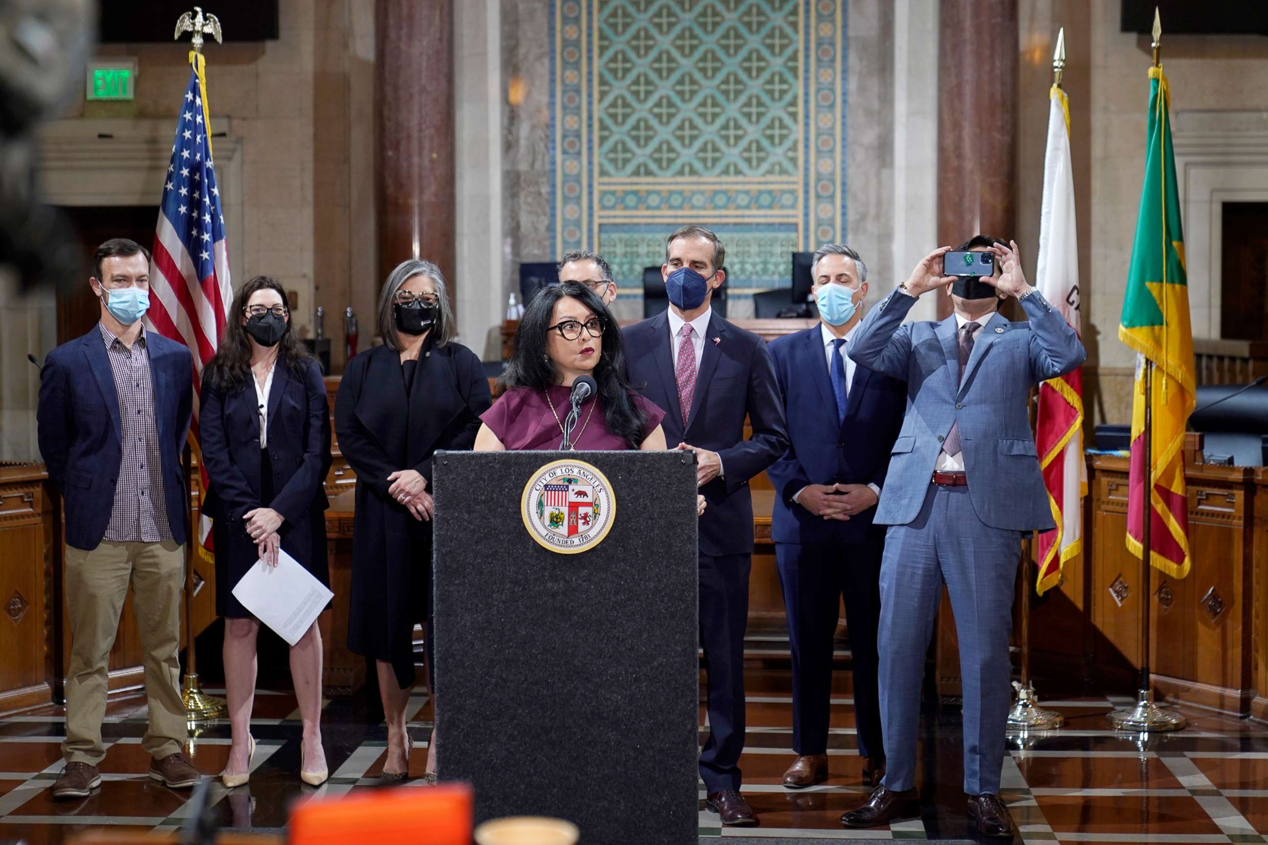 PHOTO: Los Angeles City Council President Nury Martinez speaks during a press conference at City Hall in Los Angeles, April 1, 2022.