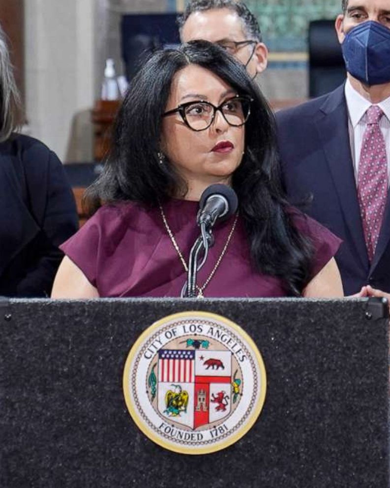 PHOTO: Los Angeles City Council President Nury Martinez speaks during a news conference at City Hall in Los Angeles on April 1, 2022.