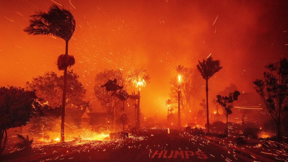 PHOTO: The Palisades Fire ravages a neighborhood amid high winds in the Pacific Palisades neighborhood of Los Angeles, Jan. 7, 2025.