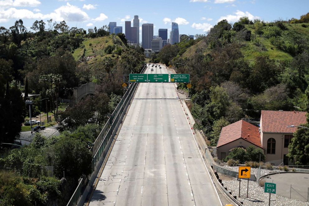 PHOTO: The 110 freeway leading into downtown Los Angeles is emptier than usual after California issued a stay-at-home order due to coronavirus disease (COVID-19) in Los Angeles, Calif. March 23, 2020.