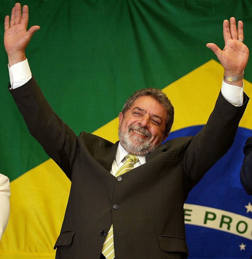 PHOTO: In this Oct. 27, 2002, file photo, newly elected Brazilian President Luiz Inacio Lula da Silva, celebrates after receiving notification of his victory at a hotel in Sao Paulo, Brazil.