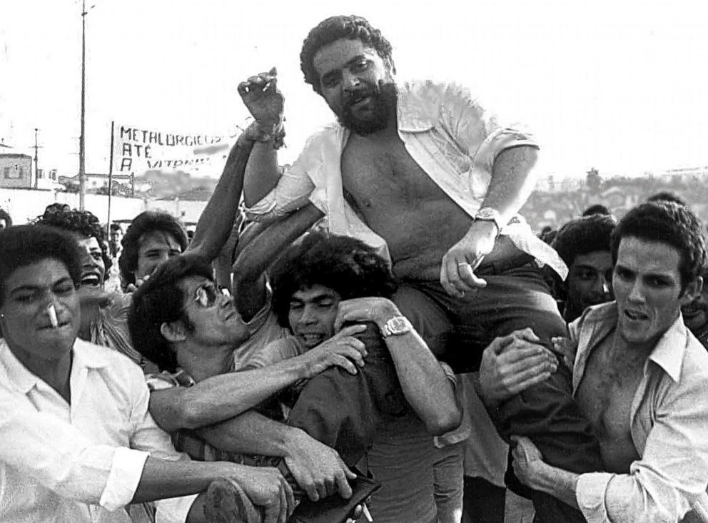 PHOTO: In this March 22, 1979, file photo, Luiz Inacio Lula da Silva is lifted by metalworker colleagues after a union rally in Sao Bernardo do Campo, Brazil.