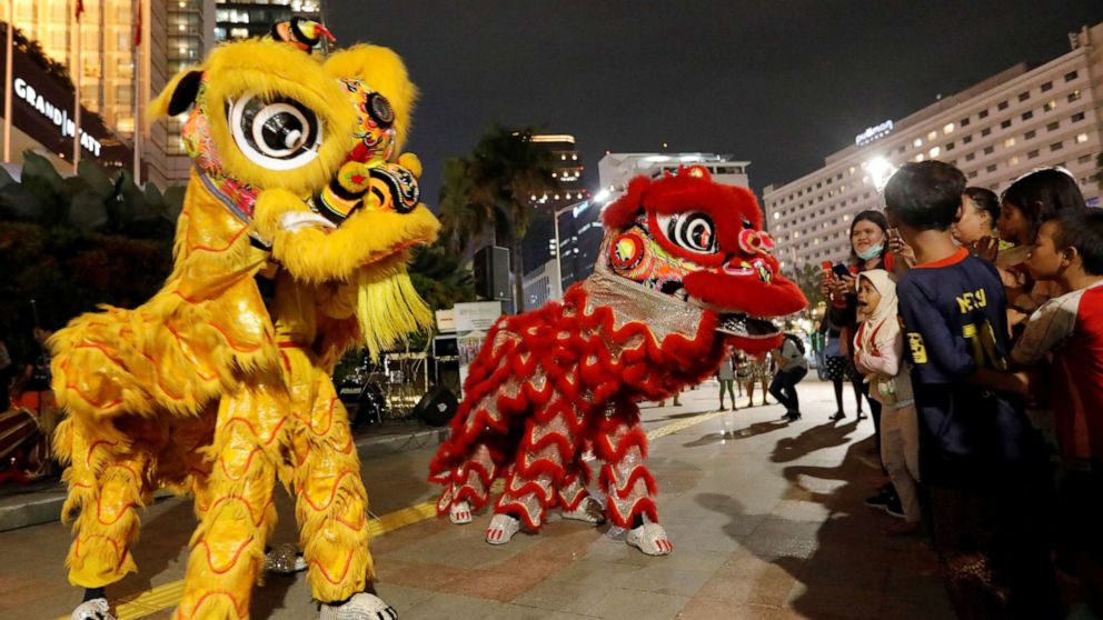 PHOTO: A girl reacts as she watches the lion dance show on the sidewalk during Chinese Lunar New Year celebrations in Jakarta, Indonesia, Jan. 24, 2020.
